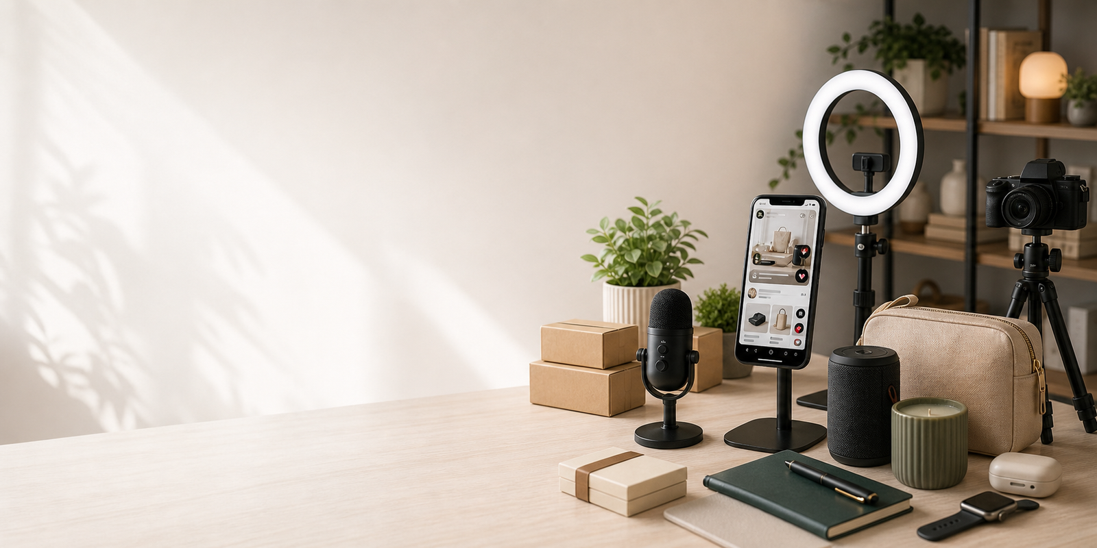 Mesa de criação digital com celular, luz de gravação, produtos variados e painel de live shopping.